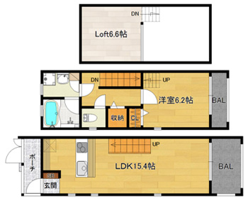 洋6.2×LDK15.4×Loft6.6（60.6㎡）メゾネットタイプ
