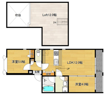 洋5×洋4×LDK12×Loft12（64.2㎡）2LDK+Loftタイプ