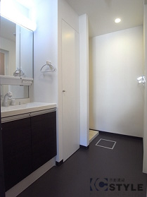 シックなフロアカラーにリネン庫が確保されたサニタリー（501号）