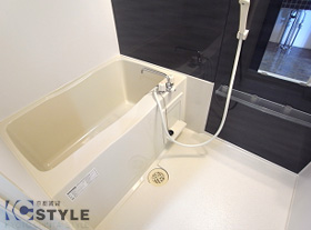 デザインパネルが気持ちを落ち着かせてくれるバスルーム（201号）