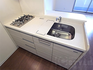 スタイリッシュなデザインの2口ガスコンロ搭載のシステムキッチン