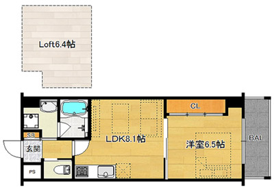 洋6.5×LDK8.1×ロフト6.4（35.40㎡）504号・南向