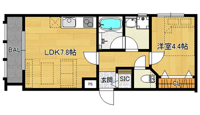 洋4.4×LDK7.8（33.62㎡）101号・西向