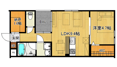 洋4.7×納1.6×LDK9.4（40.0㎡）103・203号・東向