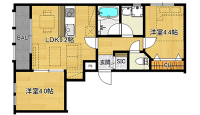 洋4.4×洋4.0×LDK9.2（41.03㎡）201号・西向