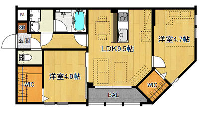 洋4.7×洋4.0×LDK9.5（46.19㎡）102・202号・西向