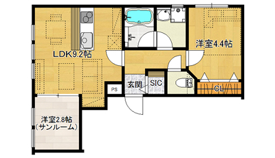 洋4.4×洋2.8×LDK9.2（38.87㎡）301号・西向