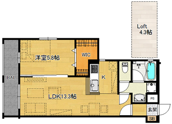 洋5.8×LDK13.3×ロフト4.3（43.11㎡）501号・西向