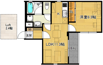 洋6.3×LDK11.3×ロフト2.4（37.72㎡）502号・東向