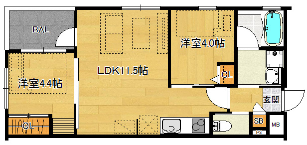 洋4.4×洋4.0×LDK11.5（43.13<sup>2</sup>）202・102号
