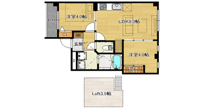 洋4.0×洋4.0×LDK8.0×ロフト3.5（36.88㎡）301号　西向