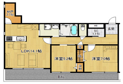 洋7.0×洋5.2×納2.7×LDK14.1（70.53㎡）203号